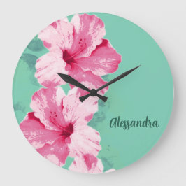 Relógio Grande Pink Hibiscus Tropical Teal Clock
