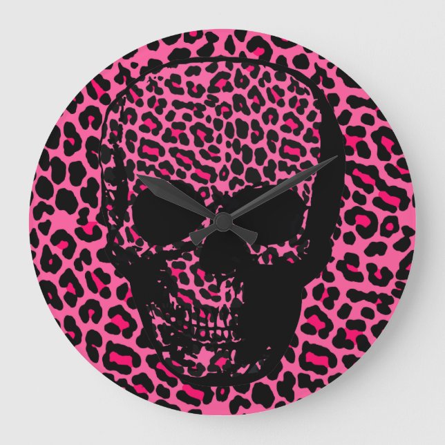 Relógio Grande Pink leopard skin print punk skull (Frente)