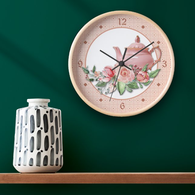 Relógio Grande Pink Teapot Floral (Criador carregado)