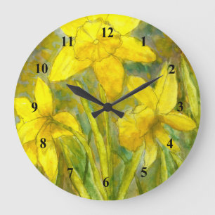 Relógio Grande Pintura da aguarela, arte amarela das flores,