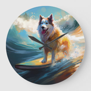 Relógio Grande Pintura de Malamute do Alasca Surfando na Praia
