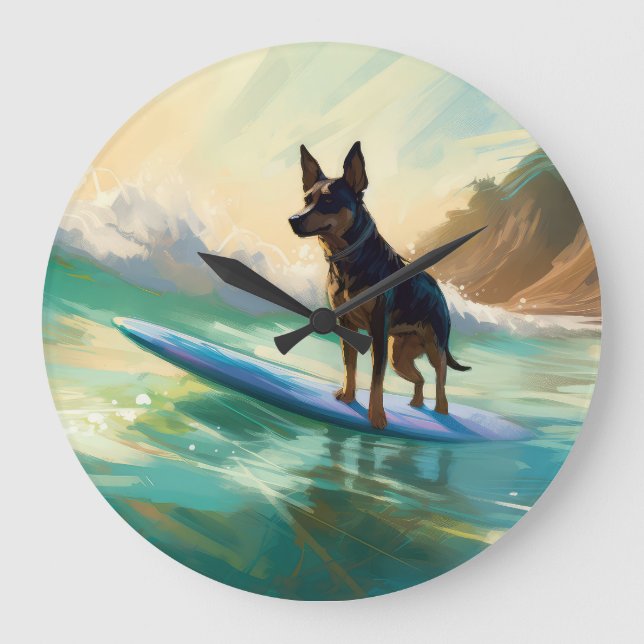 Relógio Grande Pintura de surf em praia australiana Kelpie (Frente)