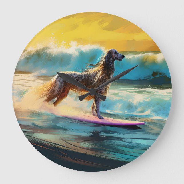 Relógio Grande Pintura de surf em praia de hound afegã (Frente)