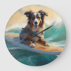 Relógio Grande Pintura de Surf na Praia do Australian Shepherd