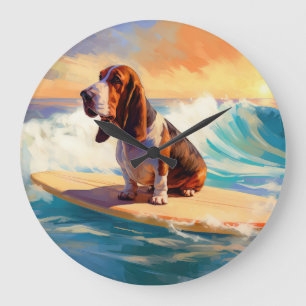 Relógio Grande Pintura de Surf na Praia do Basset Hound