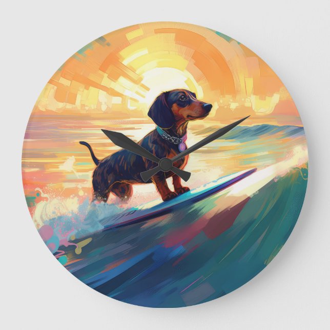 Relógio Grande Pintura de surfe na praia de Dachshund (Frente)