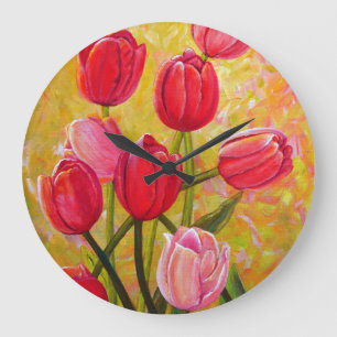 Relógio Grande Pintura de Tulipas Rosa e Vermelha 