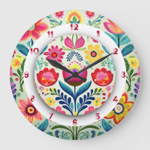 Relógio Grande Pintura Floral Colorida Boho duas coroas