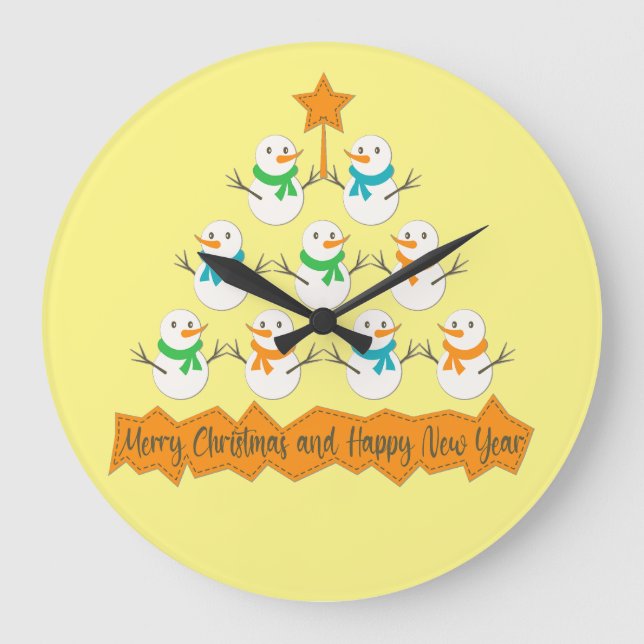 Relógio Grande Pirâmide de árvores de Natal feita de neve do xmas (Frente)