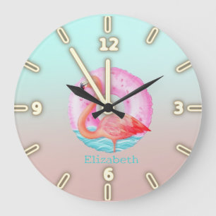 Relógio Grande Piscina Inchada de Flamingos Rosa Adorável