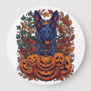 Relógio Grande Pitbull Azul Abóboras de Halloween Folhas de Outon