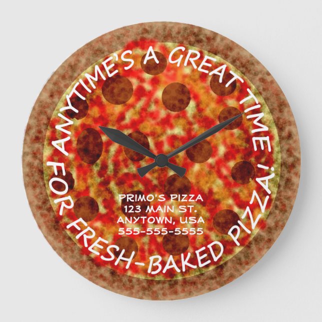 Relógio Grande Pizzeria Pepperoni Pizza Custom Wall Clock w Name (Frente)
