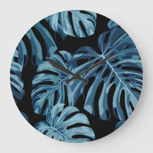 Relógio Grande Planta de Monstera: padrão das folhas azuis.