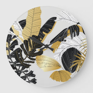 Relógio Grande Plantas tropicais Douradas e pretas: luxo.