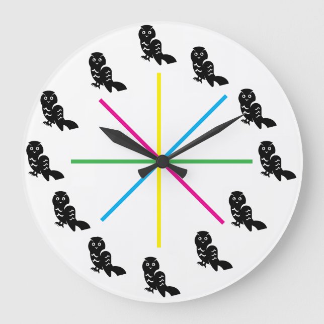 Relógio Grande Playful Owl Wall Clock – Rainbow Stripes (Frente)