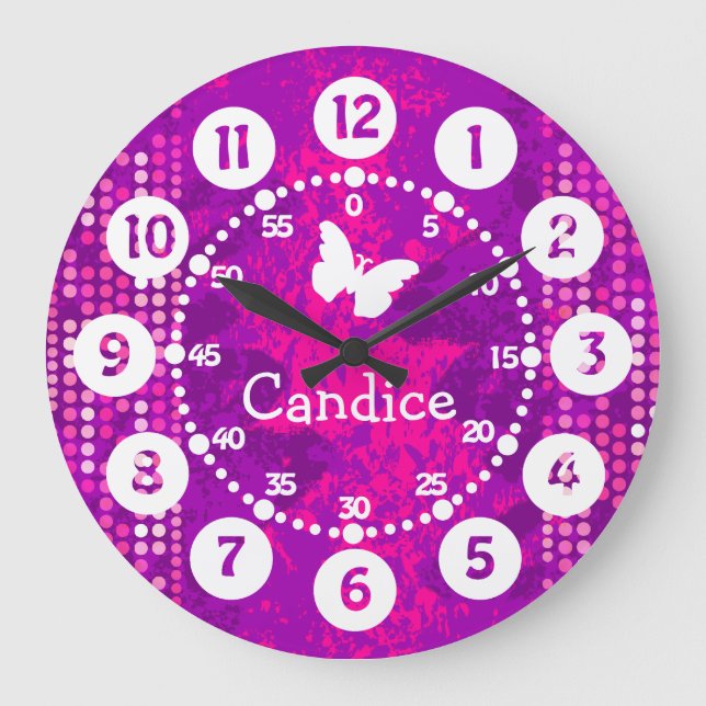 Relógio Grande Pontos roxos a rosa nomeados fáceis de ler (Frente)