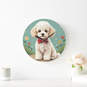Relógio Grande Poodle branco adorável com gravata borboleta