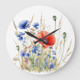 Relógio Grande Poppies & Cornflower: Aquarela Rústica