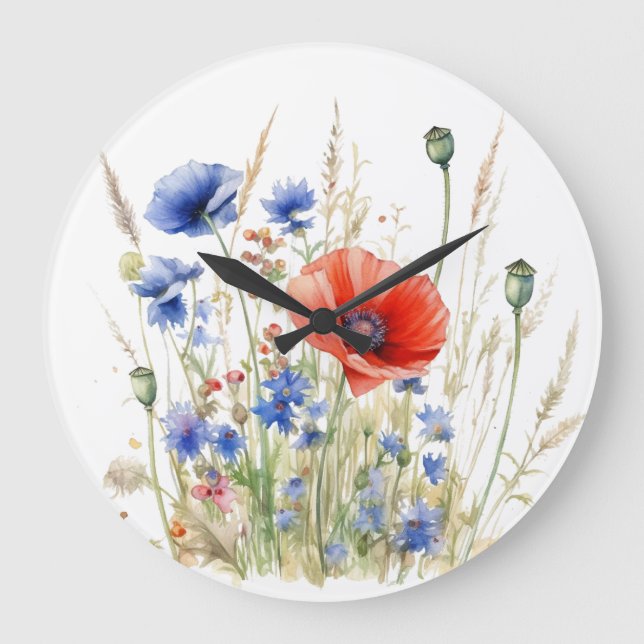 Relógio Grande Poppies & Cornflower: Aquarela Rústica (Frente)