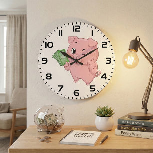 Relógio Grande Porco Rosa Rico Segurando Dinheiro Fazendo Sinal d