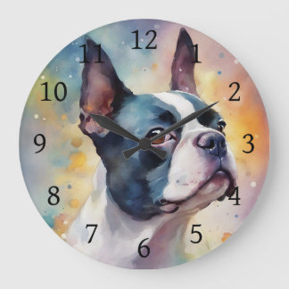 Relógio Grande Portrato Digital de Aquarela de Boston Terrier 173