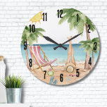 Relógio Grande Praia Tropical Custa<br><div class="desc">Um tema legal de praia aquarela com tons cor-de-rosa e cor-de-rosa, colocando a vibração para uma fuga ou vibração da praia. Cadeira branca e rosa, guarda-chuva, e até um flamingo flutuando para diversão extra. Palmeiras balançando, conchas para colecionar — é tudo sobre aquelas vibrações frias da praia tropical. Com fontes...</div>