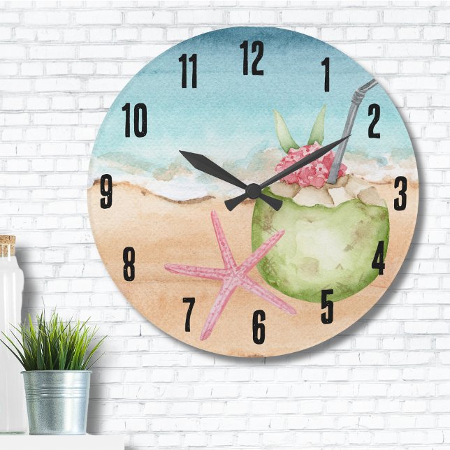 Relógio Grande Praia Tropical do Cocktail (Cute Starfish Coconut Cocktail Drink Beach Large Clock)
