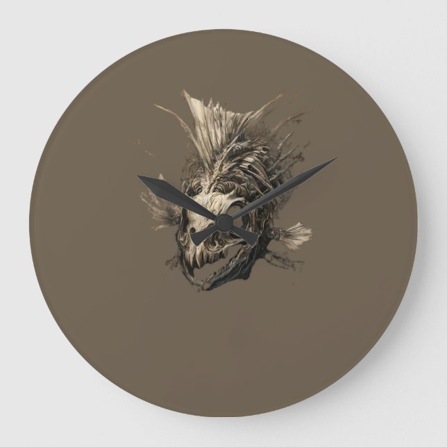 Relógio Grande Prehistoric Fish Skull Grunge Dark Art (Frente)
