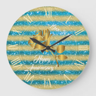 Relógio Grande Presente Azul-Floral Dourado de Luxo
