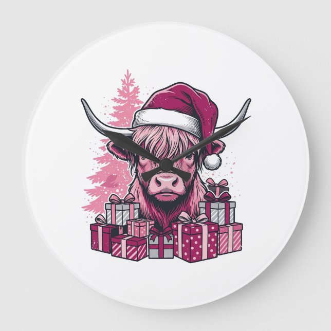 Relógio Grande Presentes de Natal da Vaca de Terras Altas Rosa Ar (Frente)