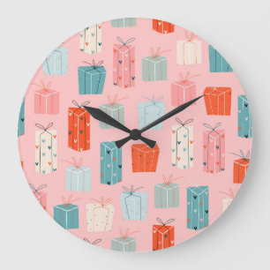 Relógio Grande Presentes de Natal, fundo rosa, padrão de colheita