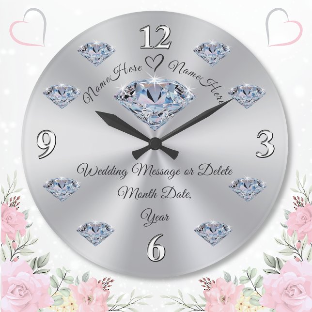 Relógio Grande Presentes personalizados incríveis de casamento, c (Personalized Wedding Clocks. Diamond wedding anniversary gifts or wedding wall clocks. Diamond theme)