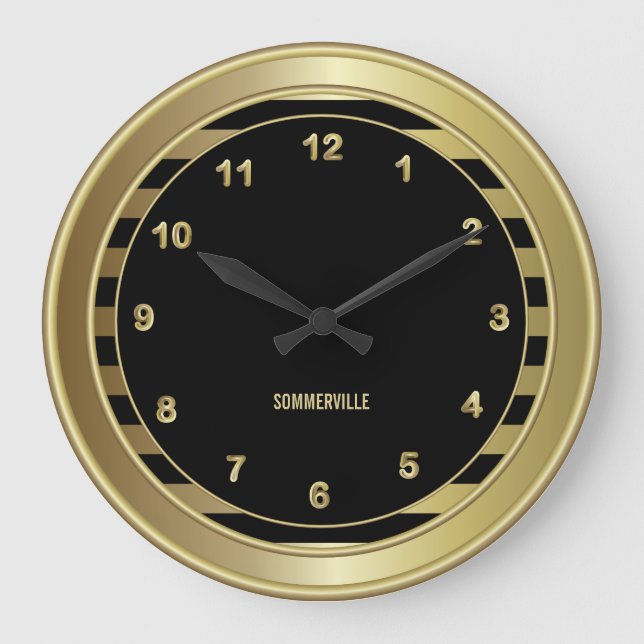 Relógio Grande Preto clássico e Dourado com faixas (Frente)