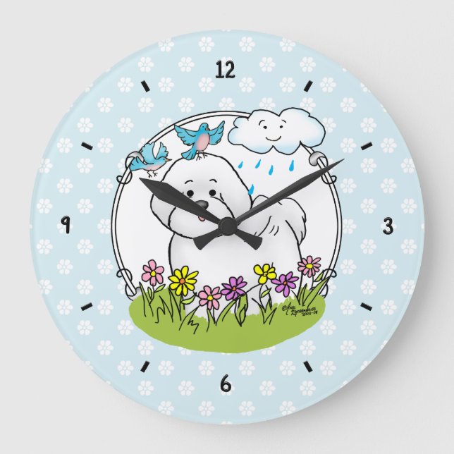 Relógio Grande Primavera Bichon Frise Dog com Flores - Cute (Frente)