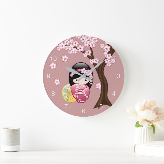 Relógio Grande Primavera Kokeshi Doll - Bonita Mancha Japonesa a  (Lar)