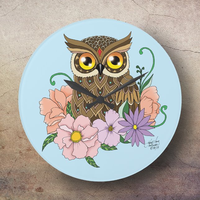 Relógio Grande Primavera Pastel Flowers Owl (Criador carregado)