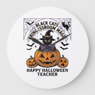 Relógio Grande Professor de Halloween Gato Vintage Abóbora Sala d