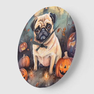 Relógio Grande Pug de Halloween com Abóboras Assustadoras