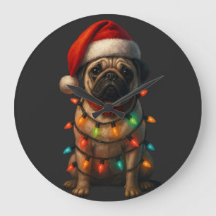 Relógio Grande Pug Fofo Envolvido em Luzes de Natal Usando Papai 