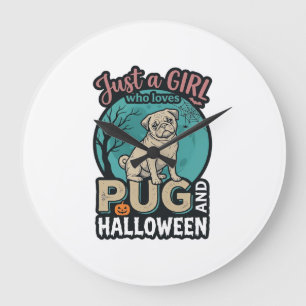 Relógio Grande Pug Halloween Menina Design Vetorial Vintage_1