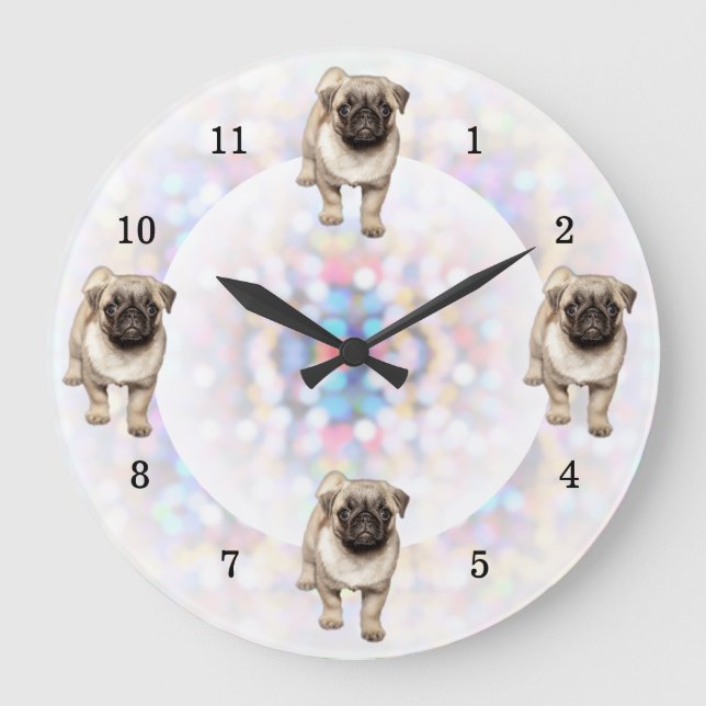 Relógio Grande Pug Luzes Brilhantes Brilhantes Fundo (Frente)