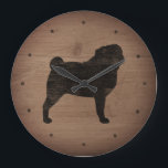 Relógio Grande Pug Silhouette Rustic Style<br><div class="desc">Relógio de Muro de Pug Lover. A design de madeira é impressa,  não madeira real.</div>