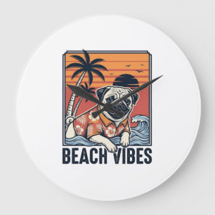 Relógio Grande Pug Vibrações da Praia Design de Gravura Vintage_1