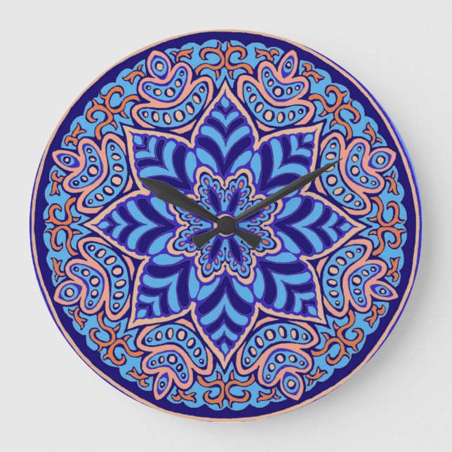 Relógio Grande Pulso de disparo de parede azul da mandala (Frente)