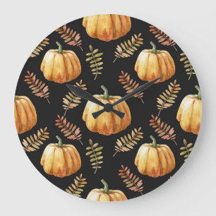 Relógio Grande Pumpkin Black Background Watercolor Patterno