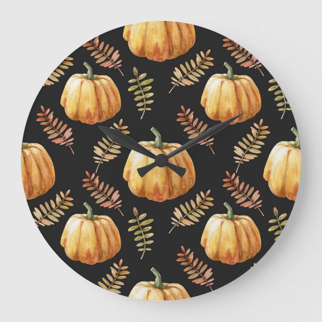 Relógio Grande Pumpkin Black Background Watercolor Patterno (Frente)