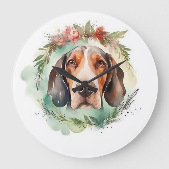 Relógio Grande Pupila Festiva Treeing Walker Coroa de Natal (Frente)
