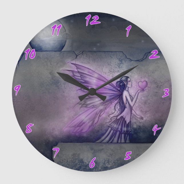 Relógio Grande Púrpura Fada Fantasia Art Wall Clock (Frente)