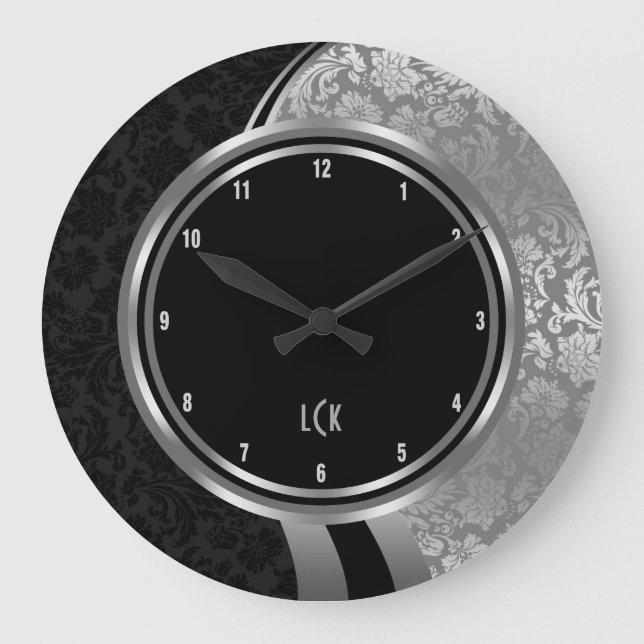 Relógio Grande Quadro de prata elegante dos damascos pretos e de (Frente)