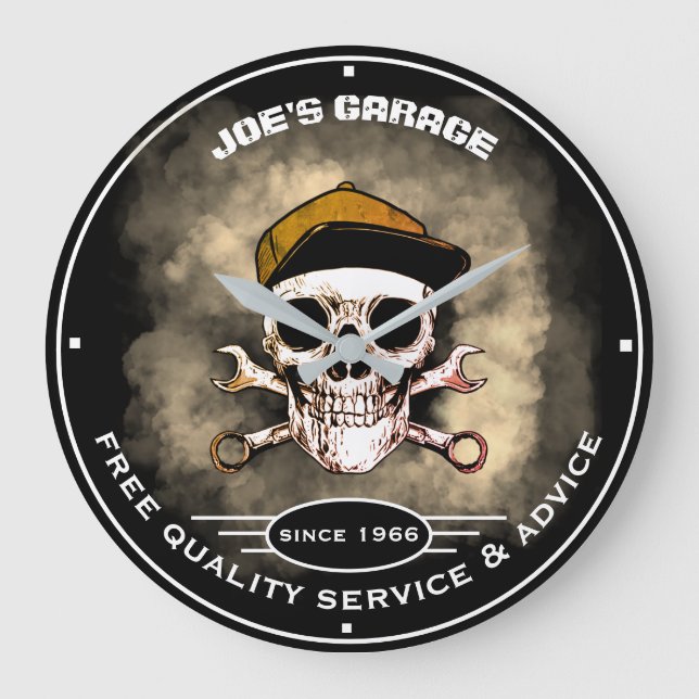 Relógio Grande Qualquer Nome Garage Skull Wrenches Smoke Slogan (Frente)